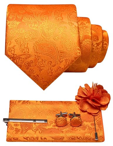JEMYGINS Herren Paisley Krawatte mit Einstecktuch Krawattenklammer Blumenbrosche und Manschettenknöpfen Set orange Farbe