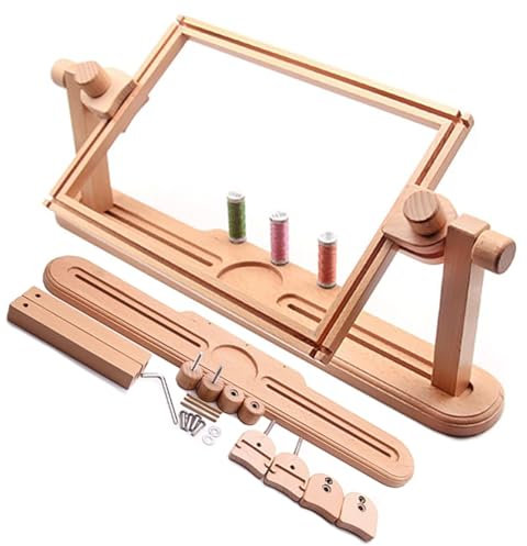 Soporte de Punto de Cruz de Madera Manos Libres, Marco de Punto de Cruz, Soporte de aro de Bordado Ajustable, Soporte Giratorio de 360° con aro, Longitud retráctil 0-47 cm, para Costura Artesanal