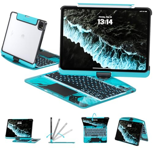 Tiaota Funda táctil con teclado para iPad Pro 2024 de 13 pulgadas (M4), iPad Pro 13, funda transparente, teclado retroiluminado de 7 colores, trackpad, trackpad multitáctil giratorio de 360°, azul