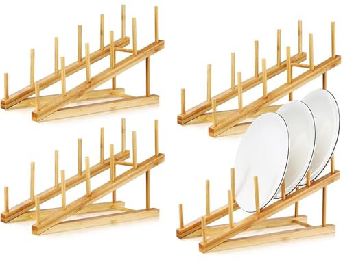 MUXHEL 4PCS Wooden Dish Rack, 5 Slots Bamboo Wooden Plate Rack for Cupboard, Plate Drainer Rack wooden plate Organiser for Kitchen Cupboard, Bowl, Cup, Cutting Board, Kitchen