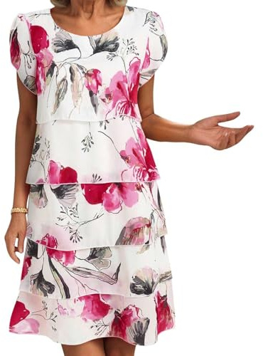Générique Robe Fleurie Femme Été en Mousseline Imprimé Fleurs À Manches Courtes Col Rond Superposés Volants Robe Chic et Élégant Léger et Respirant Décontracté Dress Plage Cocktail