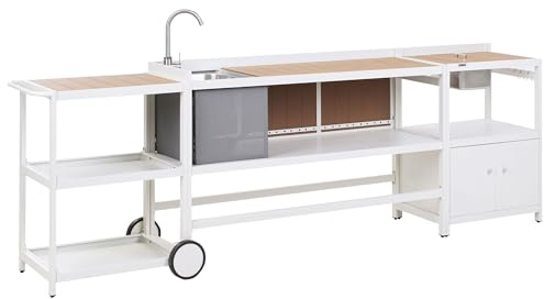 Beliani Gartenküche 3-teilig Aluminium Aufbewahrungsschrank Insel Spüle und Eisbehälter Patio Servierwagen Weiß Ortisei