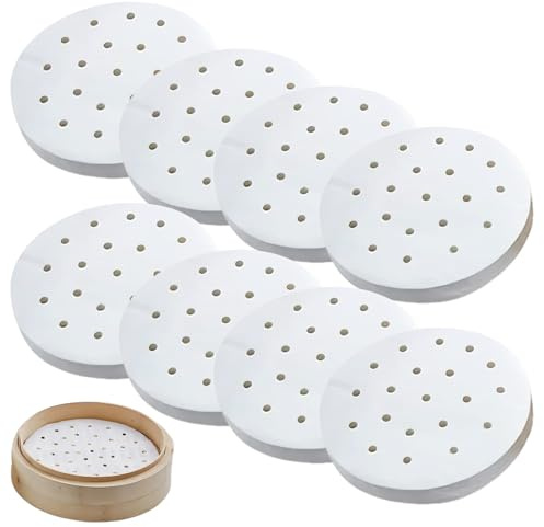 FortuneGlobe 100 Stück perforiertes Papier, 18 cm, aus Bambus, zum Dampfgaren und Dampfgaren, 100 Stück, Pergamentpapier, antihaftbeschichtet, wie Dim Sum, Luftfritteuse (100pcs 18cm)
