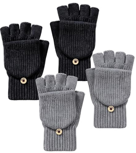 2 Paar Damen Fingerlos Handschuhe mit Kappe, Winterhandschuhe Convertible Halbfinger Flip Top Fäustlinge Touchscreen Fotografie Handschuhe