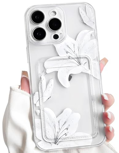 NITITOP for iPhone 15 Pro Max Case Clear Cute Flower Lily Pattern,White | with Card Holder, for Women Girl, Aesthetic Floral Butterfly Design, Soft TPU Wallet Shockproof Cover, Full Camera Protection