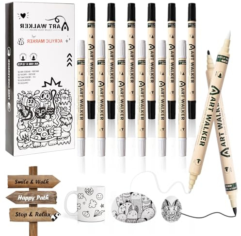 RICKMASK Rotuladores de pintura acrílica en blanco y negro, 12 unidades rotulador blanco permanente acrylic markers flexibles para roca, cerámica, vidrio, madera, pintura de tela