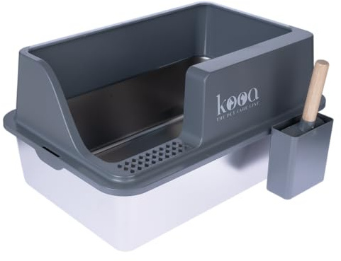 kooa - Edelstahl-Katzentoilette | niedriger Einstieg mit praktischem Streugitter | Unterschale aus Edelstahl, hoher Rand | mit passender Schaufel & Schaufelfach | Maße: 60 x 40 x 30 cm