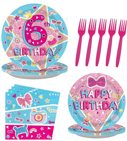 LADVCORP 96 Pcs Surprise 6th Birthday Party Supplies Surprise Dolls Plates and Napkins Doll Themed Tableware Set for Pink Blue 6 Years Old Birthday Party Baby Shower Supplies, Serves 24