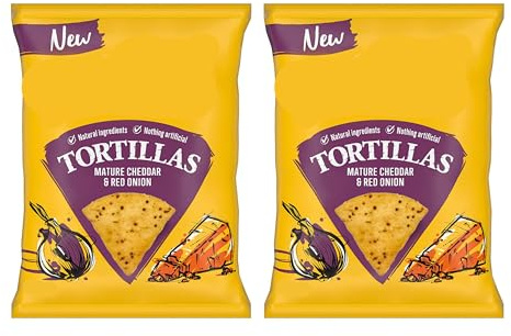 Tortillas Mature Cheddar & Red Onion Flavour Chips, Natural Ingredients, Gluten-Free, High Fibre, Vegetarian, 140g,Pack Of 2