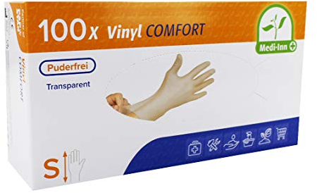 Medi-Inn+ Vinyl puderfrei Einmalhandschuhe Größe S | 100 Stück | Vinylhandschuhe transparent in praktischer Spenderbox