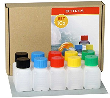 Octopus 10 x 50 ml Kunststoffflaschen mit fünf Deckelfarben | Leere Dosierflaschen mit je zwei Schraubdeckeln in Schwarz, Blau, Rot, Gelb und Grün, zur farblichen Kennzeichnung.