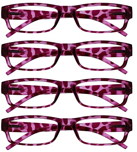 OPULIZE ACE Lesebrille für Damen und Herren - 4er-Pack - Schmaler Rechteckiger Rahmen - Komfort Federscharniere - Kratzfest - Rosa Schildpatt UVR +1.50