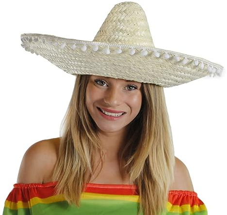 Natural Mexican Sombrero - Pack of 1 - Straw Sombrero with White Pom Poms - Straw Hat Fancy Dress Costume Ideal for Hen/stag Night, Summer, Beach Party, Wholesale Bulk