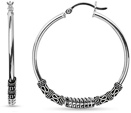 LeCalla 925 Sterling Silber große Ohrringe leichte antike Bali Hoops | zweifarbige oxidierte balinesische Ohrringe für Frauen