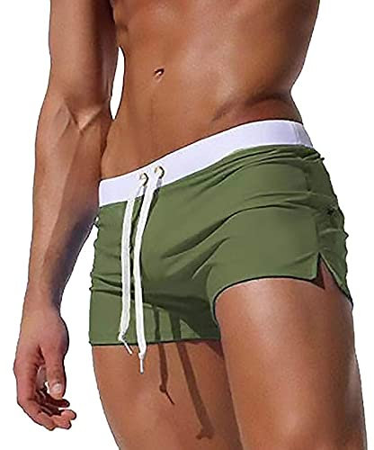 TMEOG Maillot de Bain Homme Short de Bain, Boxer de Bain Homme Caleçon de Bain Piscine Séchage Rapide Short de Plage Shorty Mayo de Bain avec Poche Zippée(Vert,S)