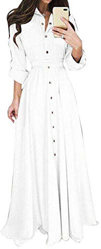 Loalirando Robe Femme Longue Boutonnée Devant à Manches Longues Robe Vintage Chic Elégante (Blanche, M)