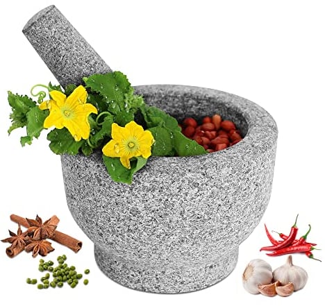 GRANDMA SHARK Mortar and Pestle Set, 14 cm Diameter Large Capacity Hard Granite Mortar, Premium Solid Granite Stone (14×10cm, Single Pestle)