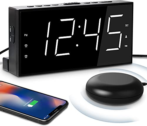 Mesqool Loud Alarm Clock with Bed Shaker for Deaf, Heavy Sleepers, Hearing Impaired,Dual Alarm,USB Phone Charger,Large LED Display,Big Snooze Button,DST 12/24H,Battery Backup, Adjustable Dimmer(White)