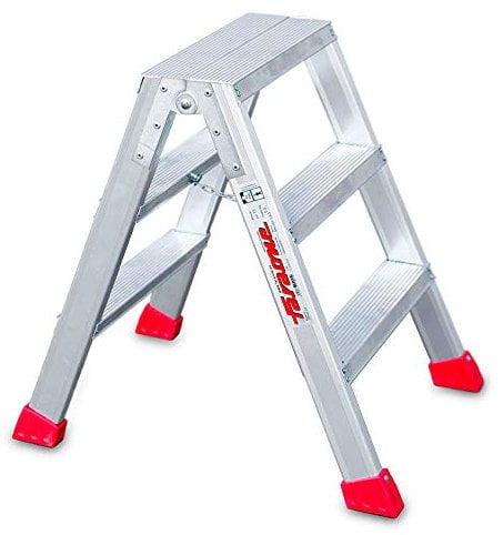 Faraone - Taburete Alto de Aluminio TPAS03-3+3 peldaños -76x50x25 cm - Uso Profesional - Taburete de Doble Subida - Peso Máximo Soportado de 150 kg - Cumplimiento normativa Europea EN 131