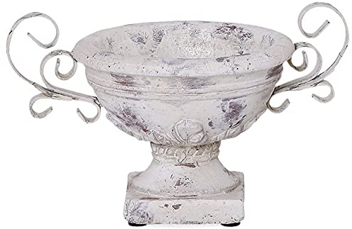 matches21 Sockel Pflanzschale mit Henkel für draußen - 23 cm Shabby Dekoschale in Creme Antik-Optik als Vintage Keramik Blumentopf Pflanztopf - runde Balkon Blumen-Schale Garten Vogeltränke