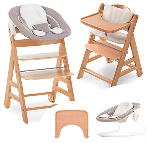 hauck Alpha Move Newborn Set - Baby Holz Hochstuhl ab Geburt inkl. 2in1 Aufsatz für Neugeborene, Sitzpolster & Essbrett - mitwachsend & verstellbar