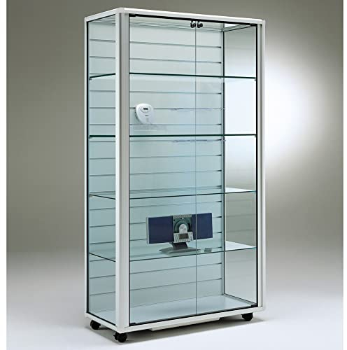 MHN Glasvitrine T 45,5 x B 99 x H 184,5 cm - breite Ausstellungsvitrine mit Lamellenwand - große abschließbare Geschäftsvitrine mit Lamellen - mit-Beleuchtung