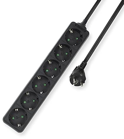 ACT Steckdosenleiste 6-Fach, Steckdosenleiste 3m Kabel, Mehrfachsteckdose Schwarz mit Kindersicherung, Verteilersteckdose mit 45 Grad Winkel – AC2460