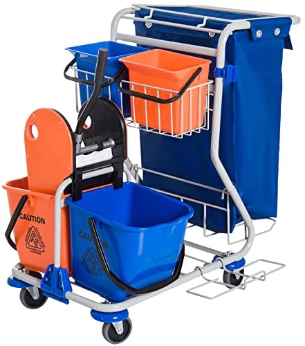 HOMCOM Carro de Limpieza con Bolsa de Basura Carro de Servicio con Doble Cubo de 18 litros Escurridor de Prensa 2 Cubetas Auxiliares 93x80x97 cm Naranja y Azul
