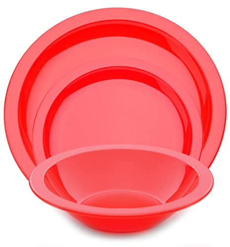 Harfield 3 Piece Tableware Set Dining Plates & Bowl Virtually Unbreakable Reusable Polycarbonate (Red)