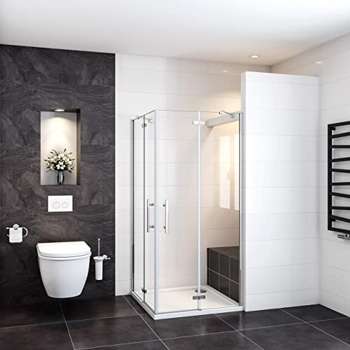 Box Doccia Angolare 195 cm Doppie Porte Battenti 76x76 cm Vetro Temperato Anticalcare Trasparente 6 mm Due Barre Stabilizzatrice