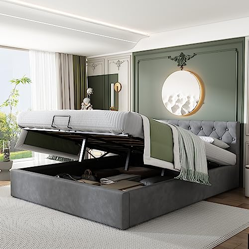 HESHU Polsterbett 140 x 200 cm, Stauraumbett mit Großer Hydraulisch Stauraum, Doppelbett mit Kopfteil & Lattenrost, für Erwachsene & Jugendliche, Grau, ohne Matrztze