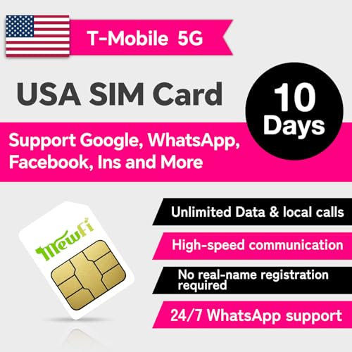 USA SIM Card 10 Days with Unlimited Network Data, T-Mobile SIM Card, 4G/5G Unlimited Speed US Prepaid Card, International Mobile Card with Unlimited Local Calls and Local SMS. (10 days)