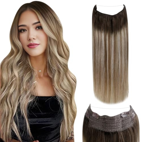 LaaVoo Invisible Secret Wire Extensions Ombre Braun Echthaar Extensions Wire Haarverlängerungen Dunkelbraun Ombre Blond Extensions Echthaar mit Unsichtbarem Draht 80G 35cm #3/8/24