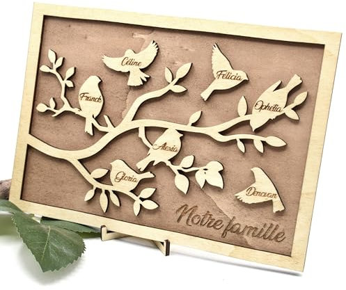 Cadre photo de famille en bois, arbre généalogique avec jusqu'à 8 prénoms personnalisés sur des oiseaux sur une branche, idée cadeau fête des grand-mères, Mamie, Maman, décoration