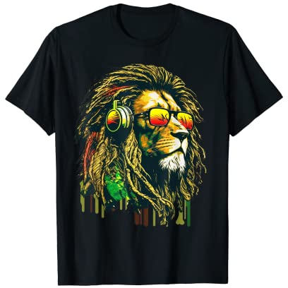Rasta Reggae Lion of Judah Rastafari T-Shirt Jamaikanisch-Äthiopisches Löwenmuster Unisex Erwachsene Black and Multicolored Small
