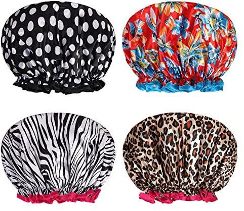 AOOWU Shower Caps, 4 Pack Waterproof Bath Caps Large Reusable Shower Hats, Elastic Band Double Layers Hair Bath Caps with Soft Ruffled Edge for Women Girls Ladies Spa Salon Home Use