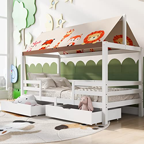 Whoiy Hausbett Kinder, Fallschutz Bett Weißes 90X200 mit Zeltvorhang Bett Sicherheitsgitter Kinderbett Massivholz mit Tiermuster Ohne Matratze
