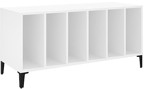 vidaXL White Engineered Wood Record Cabinet Player Stand with Industrial Metal Legs - Storage for Vinyl, Living Room Sideboard
