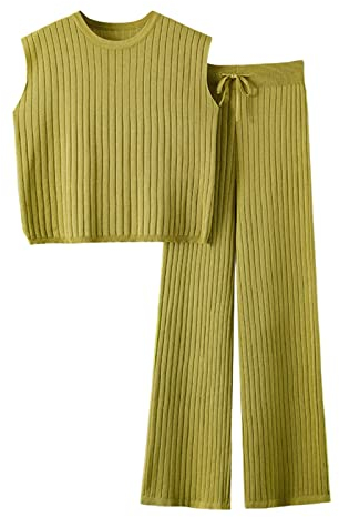 KEERADS Frauen Sommer Gestrickte Plissee Kurzarm Pullover 2 Stück Set Elegante Breite Bein Einfarbig Anzug Sport Hosen Anzüge Jogging Set Damen