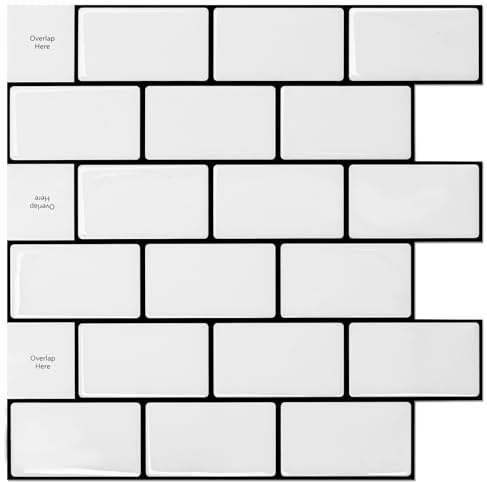 Art3dwallpanels Fliesenaufkleber Klebefliesen Fliesen 10-Stück Fliesenfolie Spritzschutz Küchenrückwand 3D Selbstklebende Wandfliesen Küche Bad 30 x 30 cm Weiß mit Schwarz Fugenmörtel