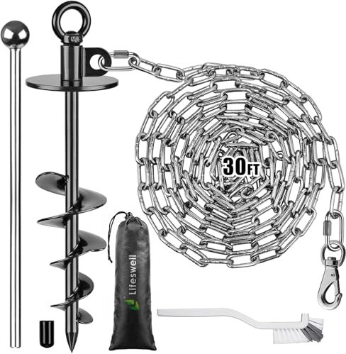 Lifeswell Bodenanker Hund Erdanker Hundeleine - 30 Fuß Lange, kausichere Hundeketten aus Edelstahl für den Außenbereich, 15 Zoll robuster Hundeanker für Hunde bis zu 125 Pfund für Camping Hundeläufer