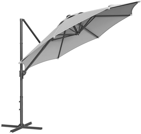 SONGMICS Parasol de Jardin 300 cm, UPF 50+, Parasol d’Extérieur, Parasol de Terrasse, Pivotant à 360°, Inclinaison Fluide, Manivelle, avec Base en Croix, Gris Tourterelle GPU074G10