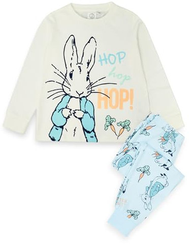 Peter Rabbit Boys Pyjama Set | Kids Blue Loungewear Long Sleeve T-Shirt & All Over Print Long Leg Pants Complete PJs | Cute Nightwear Hop Rabbit Sketch Art Pajama Merchandise Gift