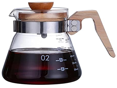 GaRcan Cafetera de vidrio de alto borosilicato resistente al calor Cafetera a prueba de calor, hervidor de café V60, percolador con mango de madera (color fotográfico 600 ml)