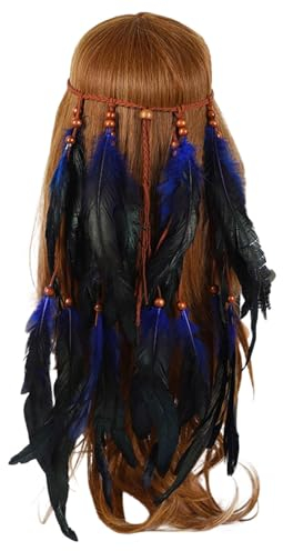 SRZYMJ Haarschmuck Mit Pfauenfedern, Indische Feder-Stirnband, Hippie-Kopfschmuck, Bohemian-Stil, Quaste, Kopfkette, Feder-Kopfschmuck, Schmuck, Accessoires, Maskerade für Damen, Feder Kopfschmuck
