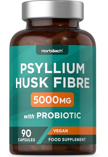 Psyllium Husk Capsules 5000mg with Acidophilus | Natural Soluble Fibre Supplement with Pro-Bio | Plantago Ovata Seed Husk Extract | 90 Vegan Capsules | by Horbaach