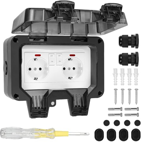 SHYOSUCCE 2-Fach Außensteckdose mit Kabelverbinder und Klappdeckel, IP66 Wasserdicht Wandsteckdose Staubdicht Outdoor Steckdose für Küche, Bad, Garage, Schwimmbad und Garten Schwarz