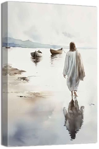ZQQART Jesus Leinwandbild Jesus geht auf dem Wasser Gemälde Kunst Gott Christus Poster Drucke religiöses spirituelles Kunstwerk minimalistisches Boho Wohndekor(Weiß,30x45cm)