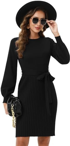 KOJOOIN Strickkleid Damen Langarm Pulloverkleid Casual Winterkleid Elegant Tunika Pullikleid Mit GüRtel