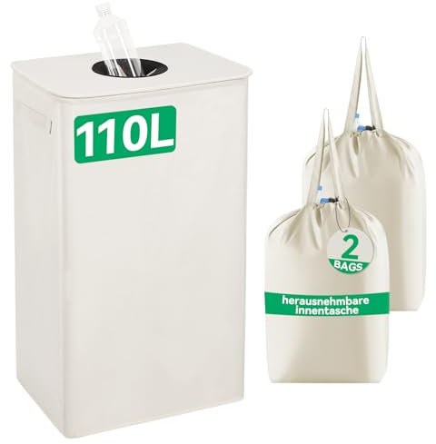 WOWLIVE Pfandflaschen Sammelbehälter,110L Flaschensammler Leergut mit Deckel & 2 Tragetasche,Flaschensammler mit Loch Küche Abstellraum Flaschentasche,Beige